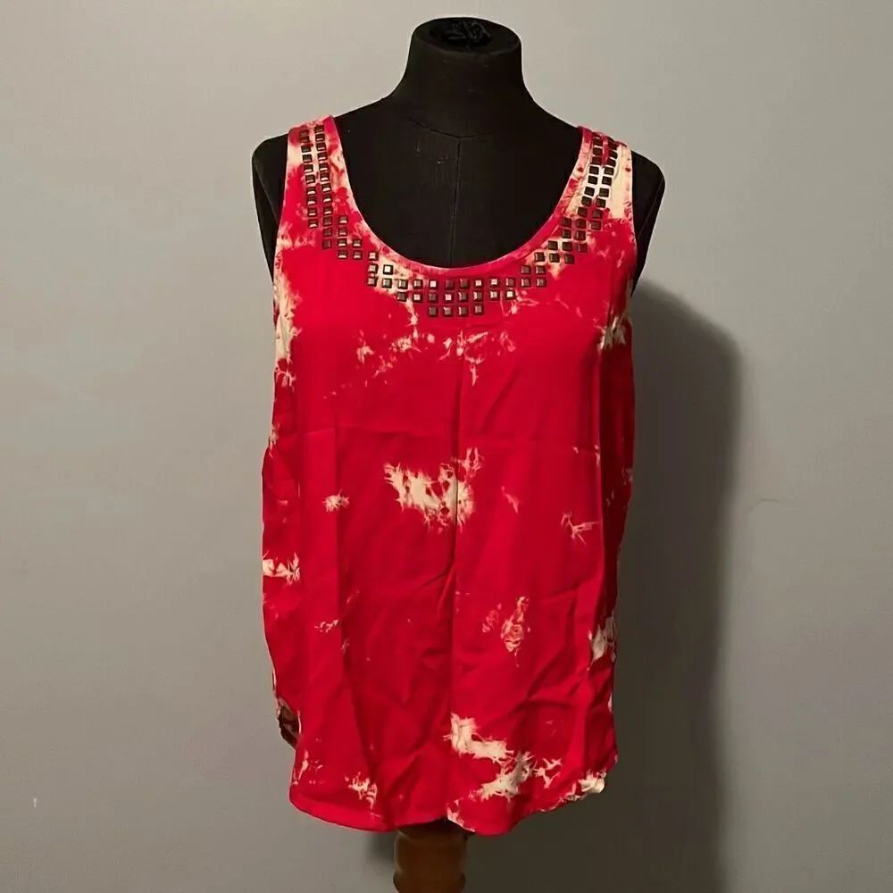 Forever 21 Women's Red Tie Dye Metallic Studs Back Cut-out Tank Top